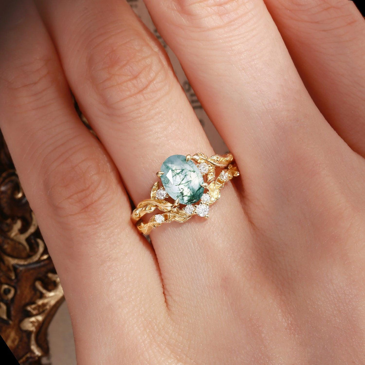Rosalind’s Arbor | Oval Cut Moss Agate Leaf Branch Bridal Set 2pcs.