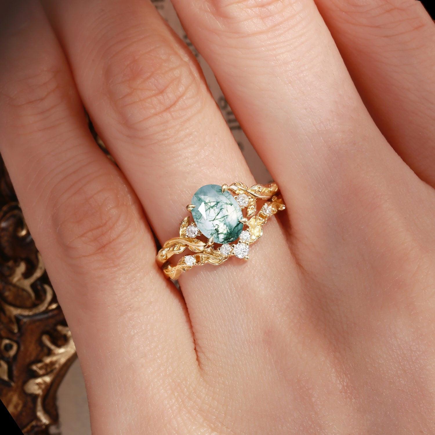 Rosalind’s Arbor | Oval Cut Moss Agate Leaf Branch Bridal Set 2pcs.