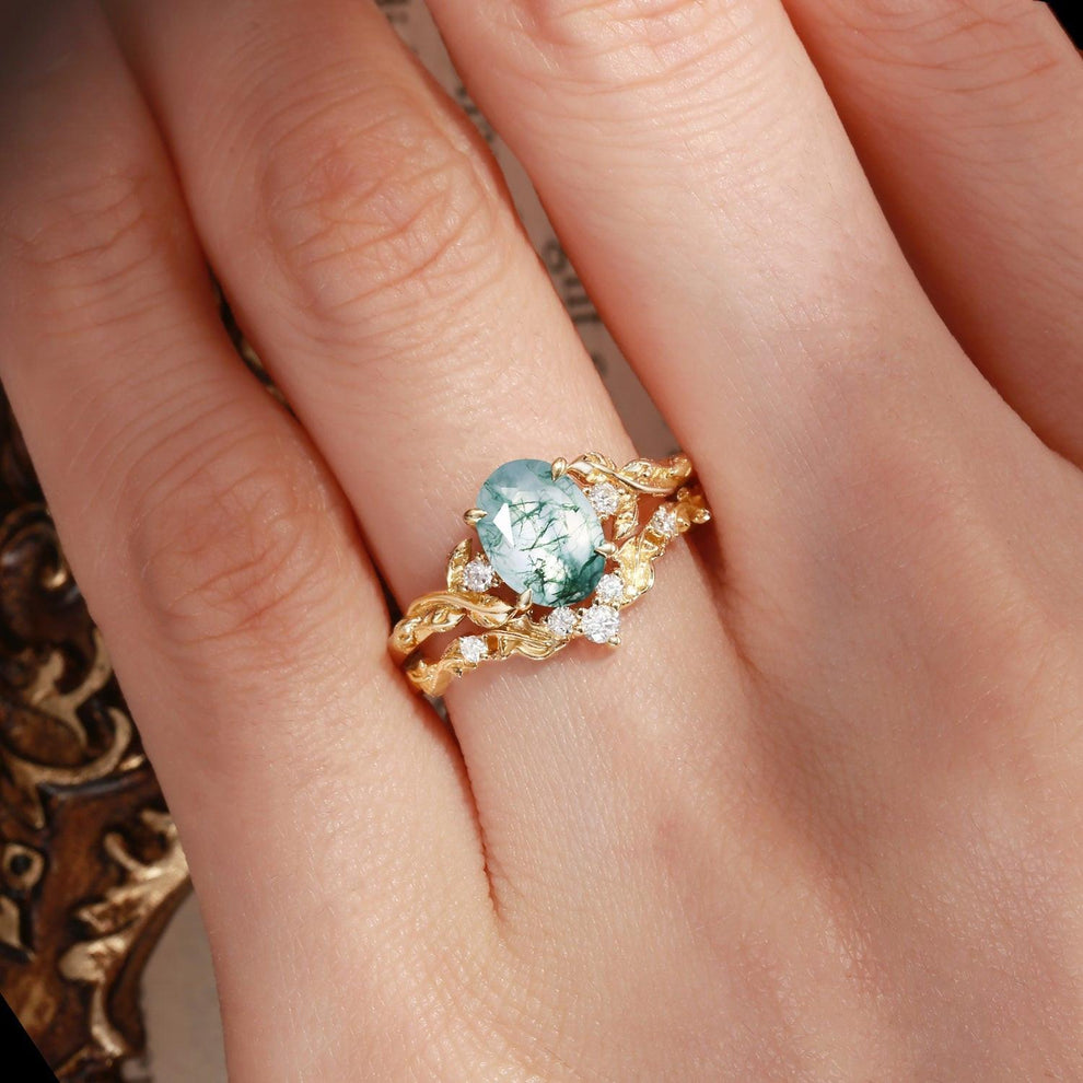 Rosalind’s Arbor | Oval Cut Moss Agate Leaf Branch Bridal Set 2pcs.