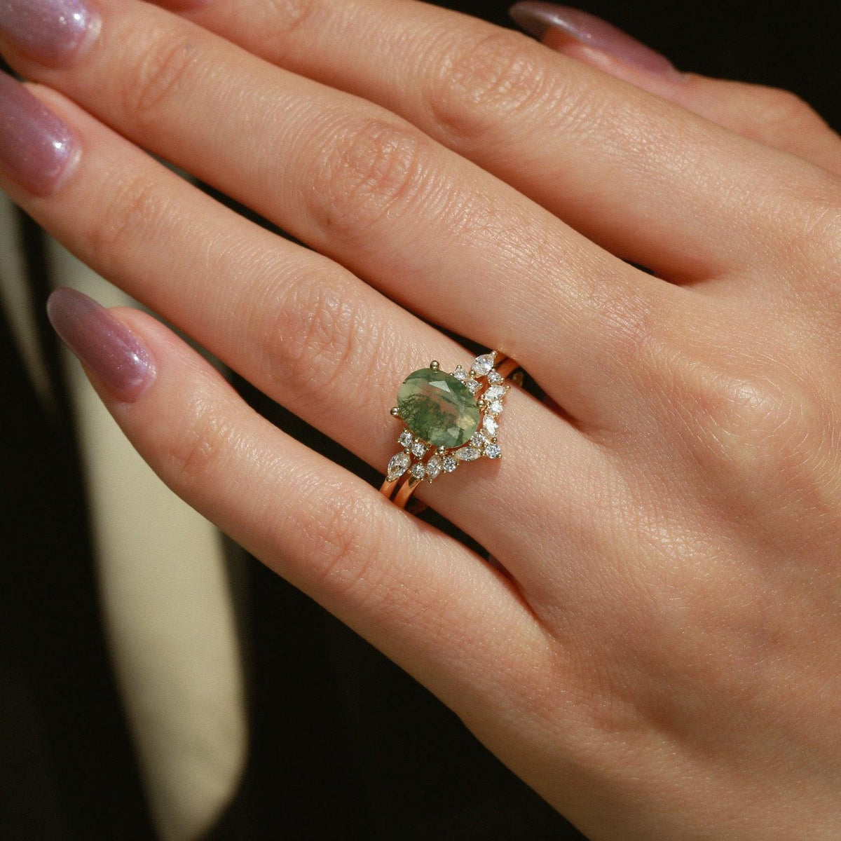 Melisande’s Echo | Oval Cut Moss Agate Bridal Set 2pcs.