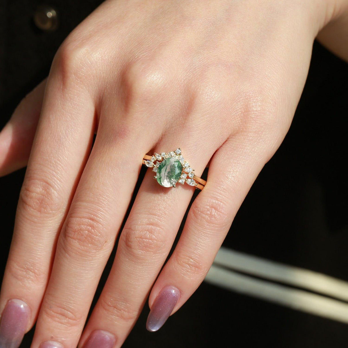Melisande’s Echo | Oval Cut Moss Agate Bridal Set 2pcs.