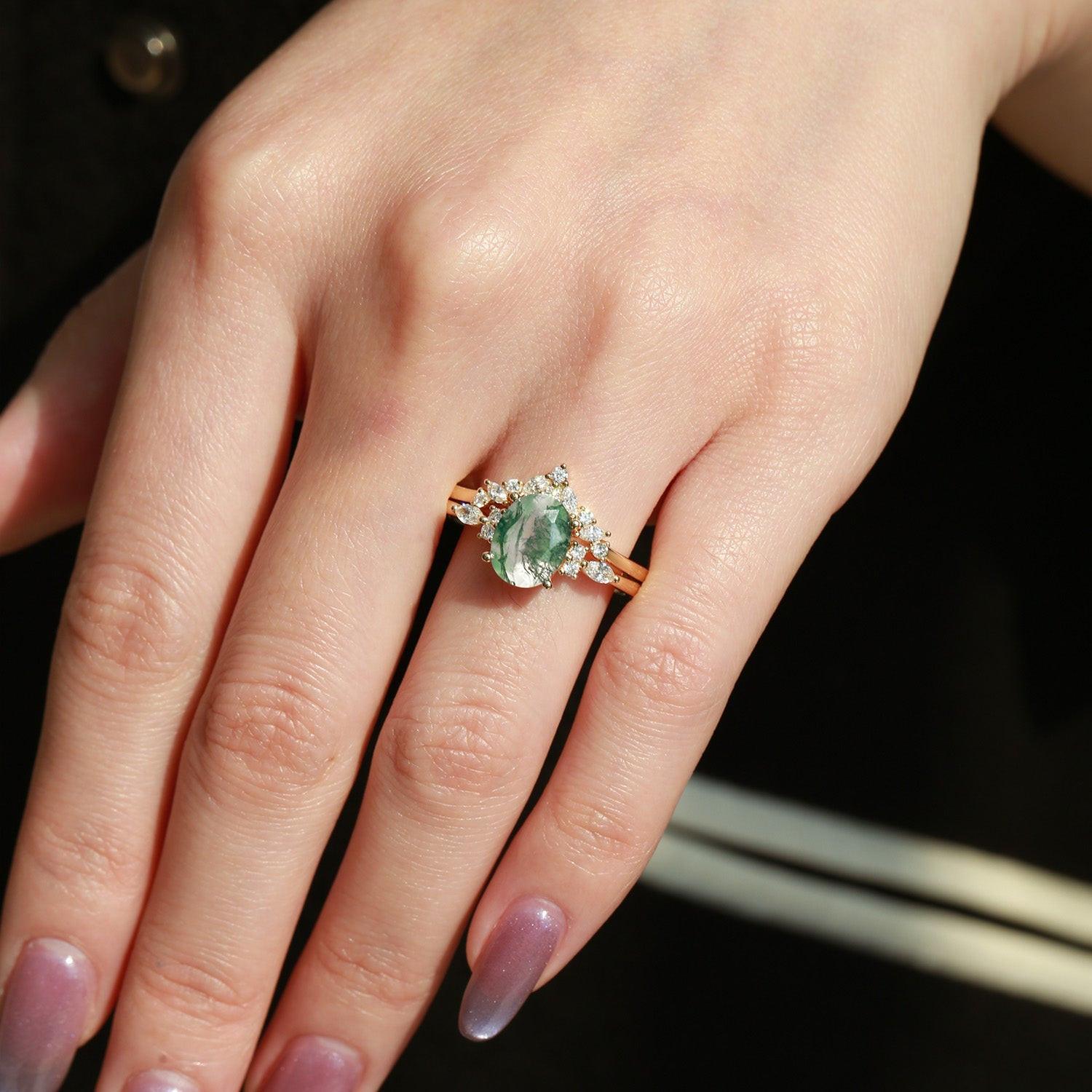 Melisande’s Echo | Oval Cut Moss Agate Bridal Set 2pcs.