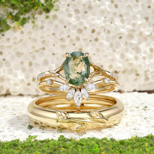 Zinnia’s Meadow | Oval Cut Moss Agate Leafy Gold Couple Ring Set 3pcs