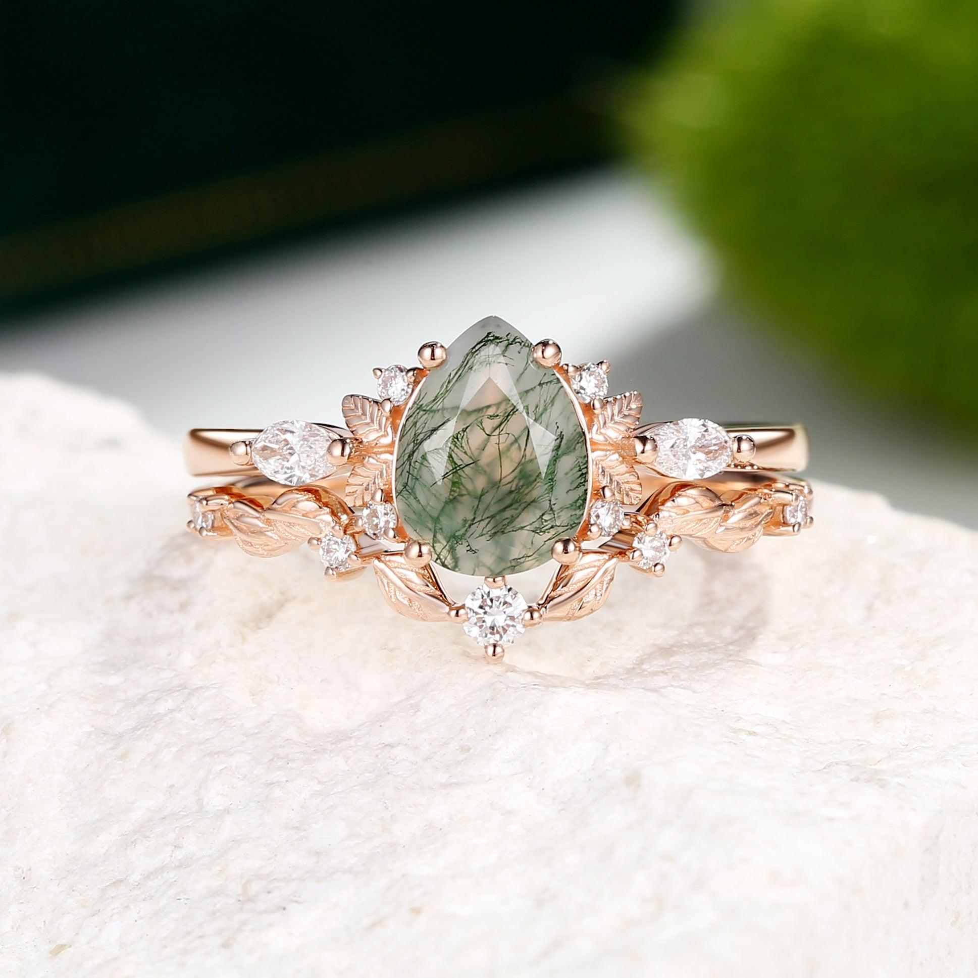 Aurora’s Fairy Bower | Pear Shaped Moss Agate Leafy Bridal Set 2pcs.