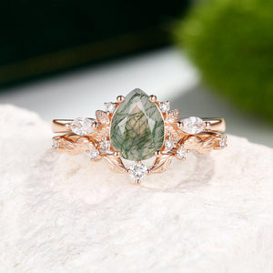 Aurora’s Fairy Bower | Pear Shaped Moss Agate Leafy Bridal Set 2pcs.