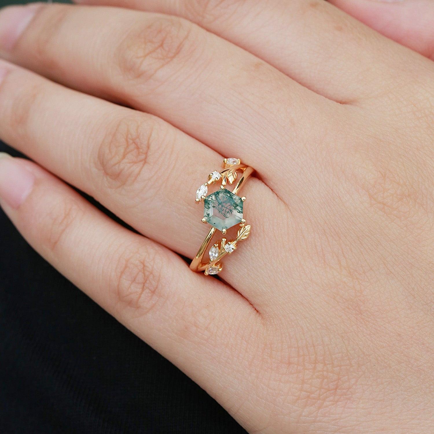 Perfect Hexagon Cut Moss Agate Leafy Engagement Ring.