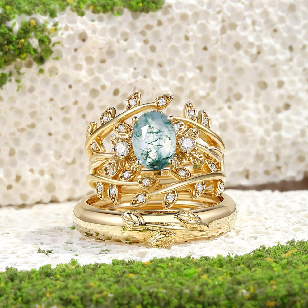 Léonie Oval Cut Moss Agate Leafy Gold Couple Ring Set.