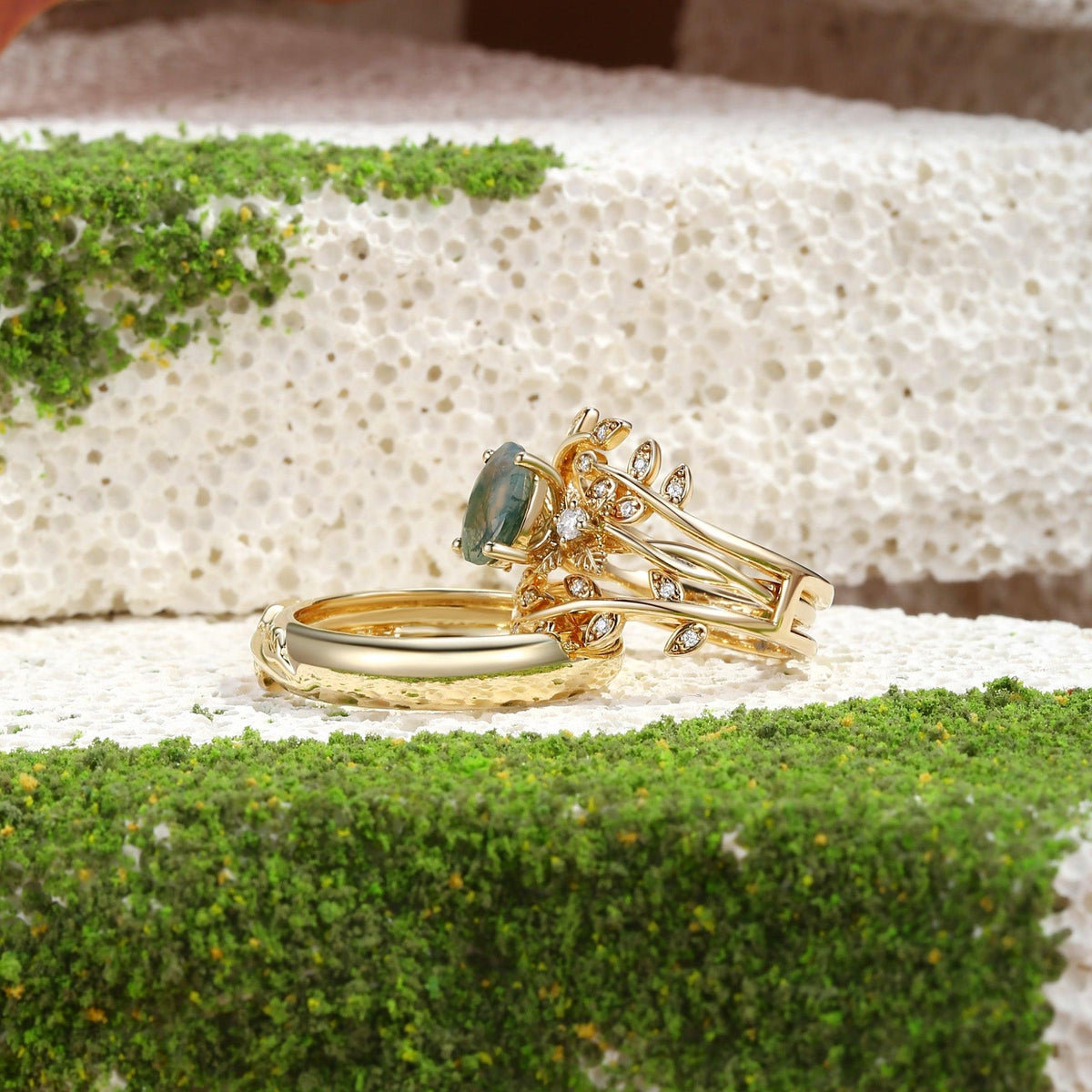 Léonie Oval Cut Moss Agate Leafy Gold Couple Ring Set.