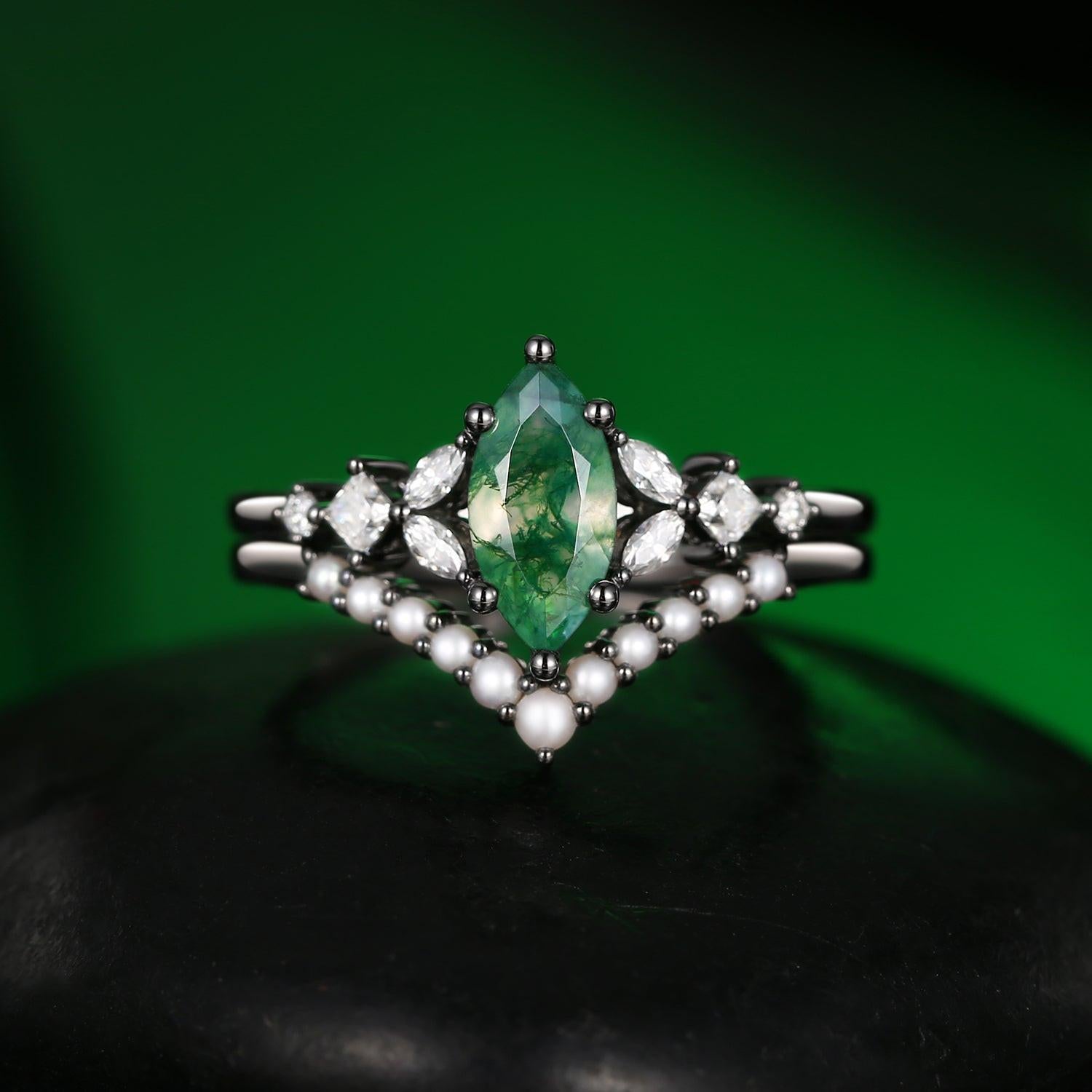 Marquise Moss Agate Signature Vintage Pearl-fect Ring Set 2pcs.