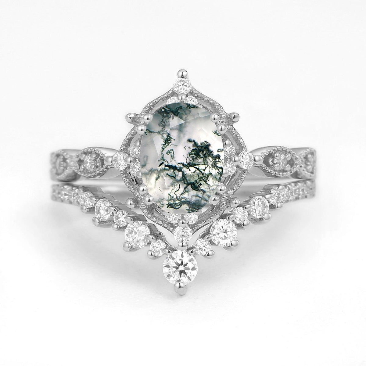 Charlotte 1.5ct Signature Moss Agate Vintage Ring Set 2pcs.