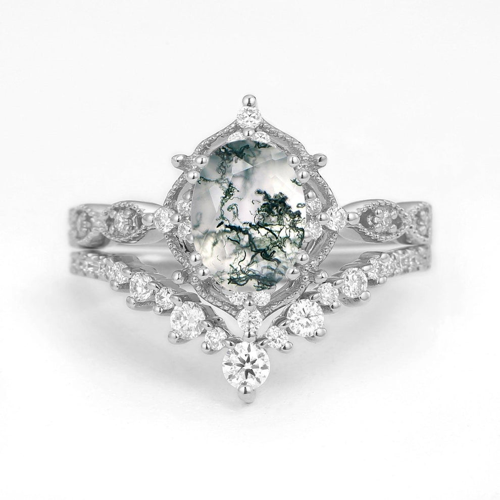 Charlotte 1.5ct Signature Moss Agate Vintage Ring Set 2pcs.