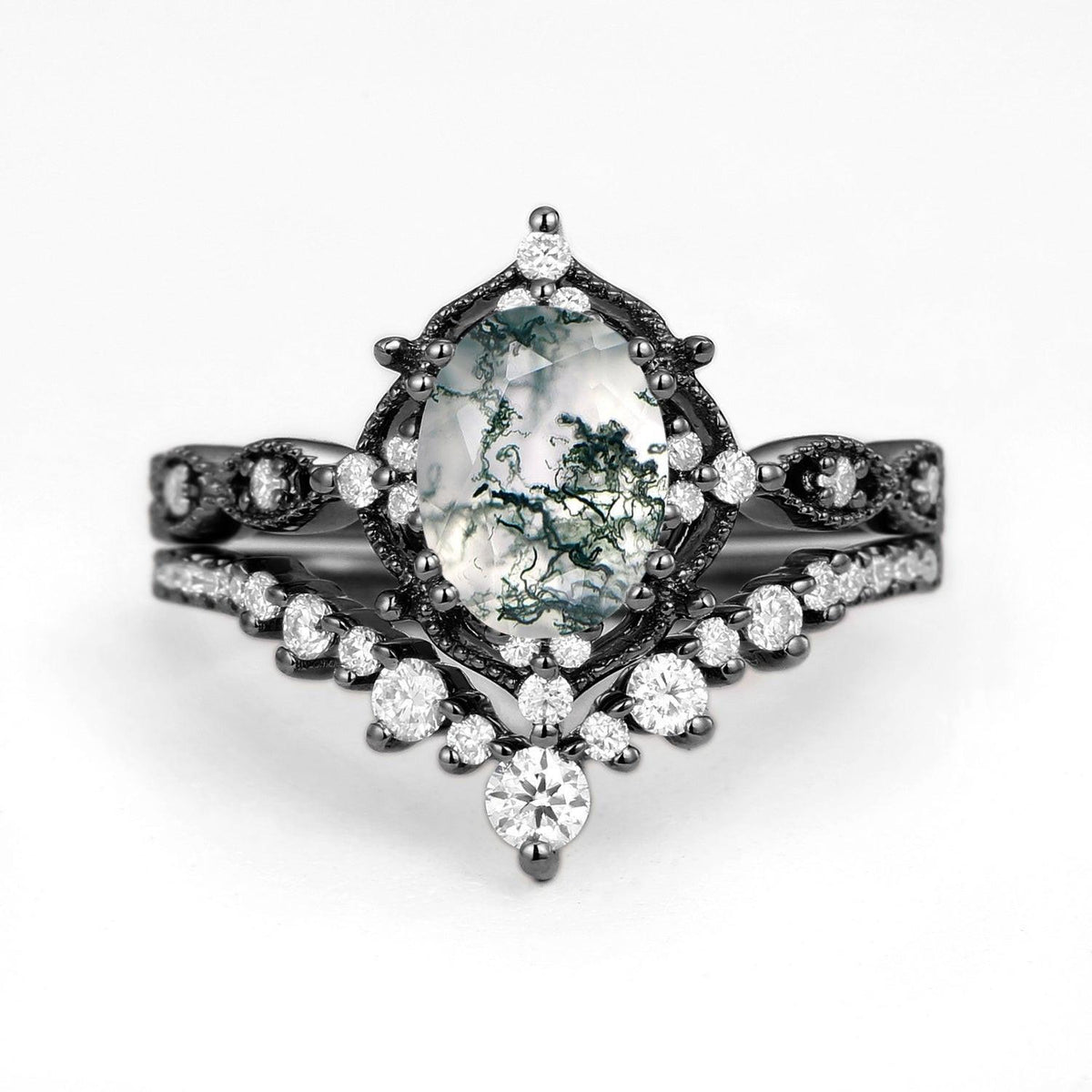 Charlotte 1.5ct Signature Moss Agate Vintage Ring Set 2pcs.