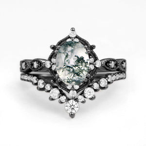 Charlotte 1.5ct Signature Moss Agate Vintage Ring Set 2pcs.