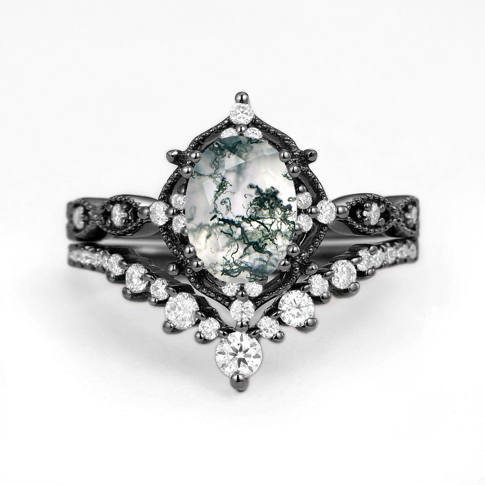 Charlotte 1.5ct Signature Moss Agate Vintage Ring Set 2pcs.