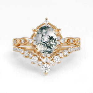 Charlotte 1.5ct Signature Moss Agate Vintage Ring Set 2pcs.
