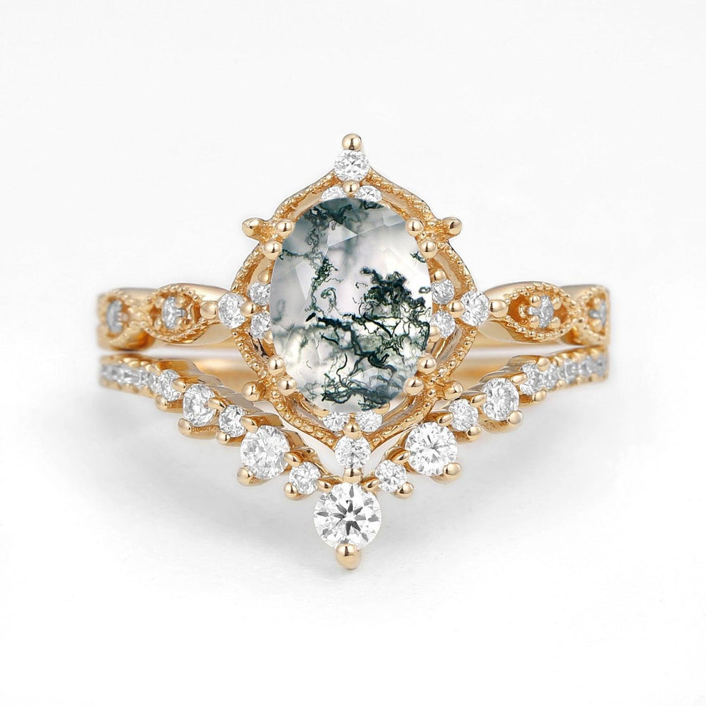 Charlotte 1.5ct Signature Moss Agate Vintage Ring Set 2pcs.
