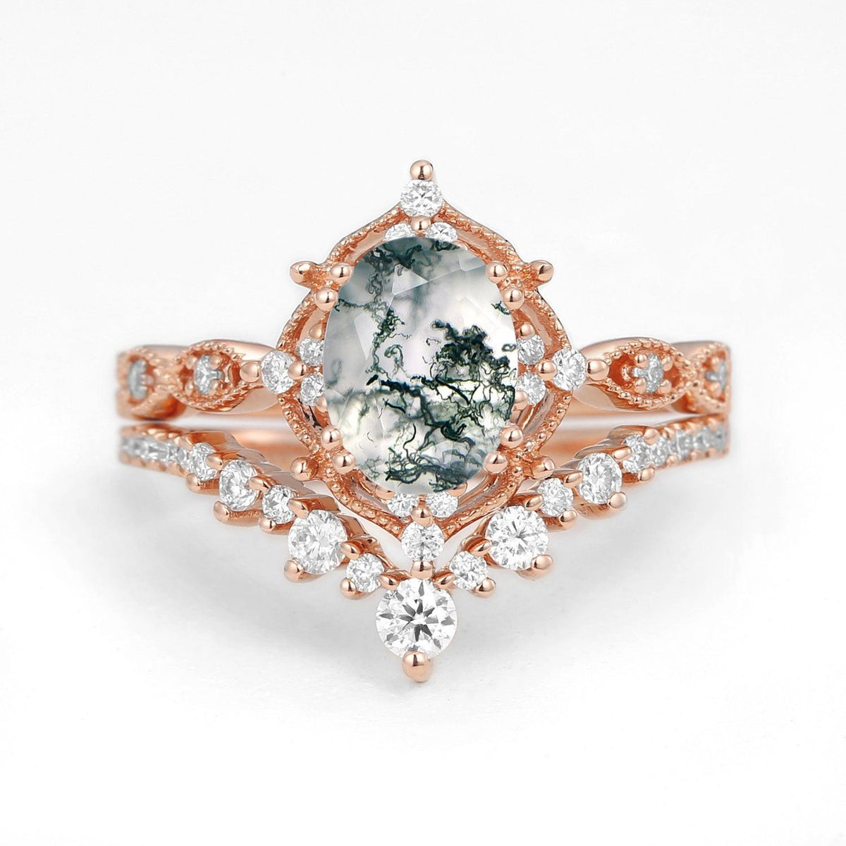 Charlotte 1.5ct Signature Moss Agate Vintage Ring Set 2pcs.