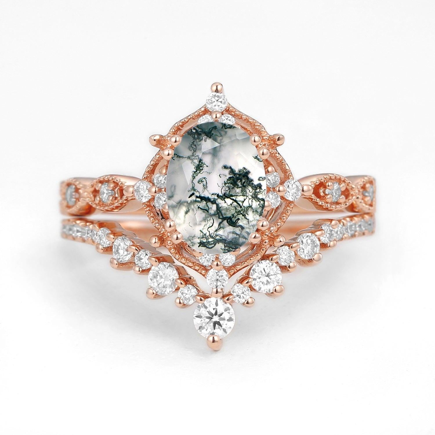 Charlotte 1.5ct Signature Moss Agate Vintage Ring Set 2pcs.