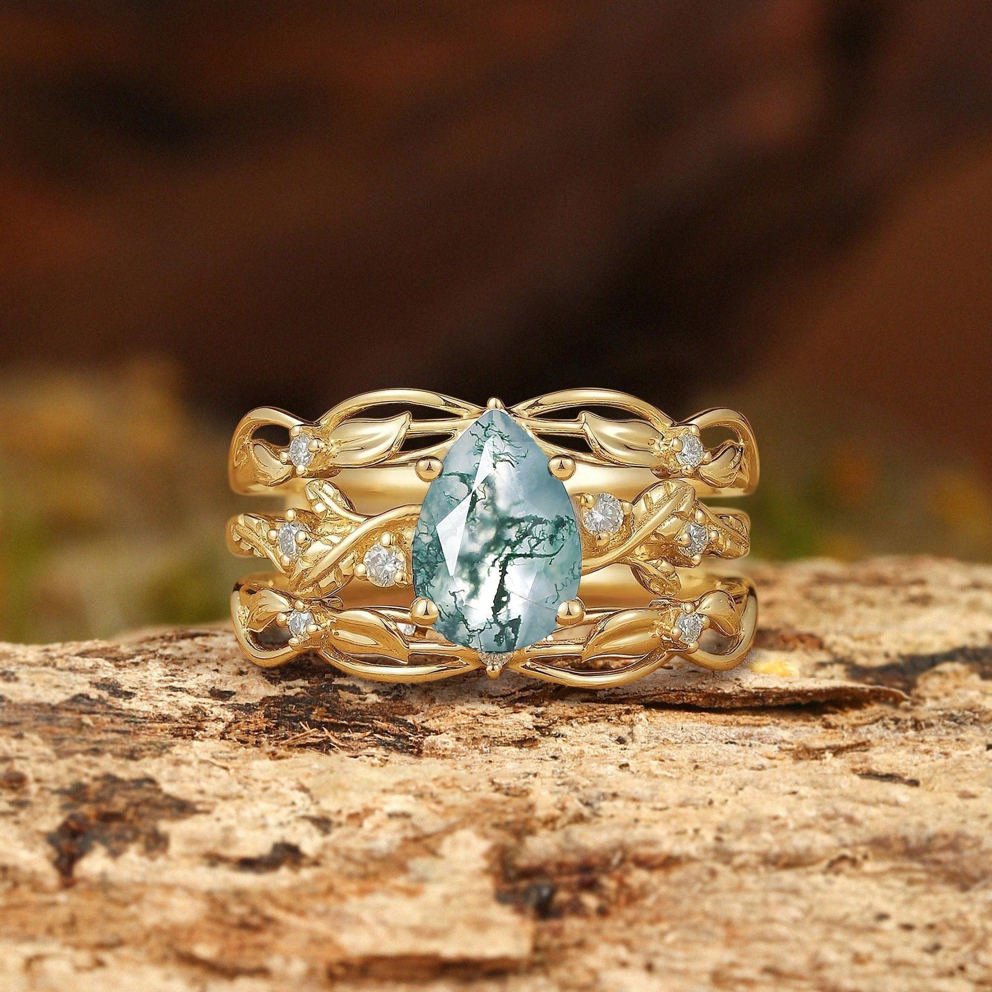 Felicity Moss Agate & Moissanite Vine Engagement Ring Set 2pcs.