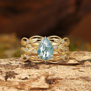 Felicity Moss Agate & Moissanite Vine Engagement Ring Set 2pcs.
