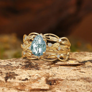 Felicity Moss Agate & Moissanite Vine Engagement Ring Set 2pcs.