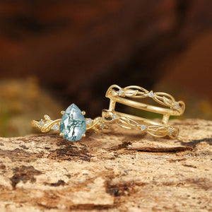 Felicity Moss Agate & Moissanite Vine Engagement Ring Set 2pcs.