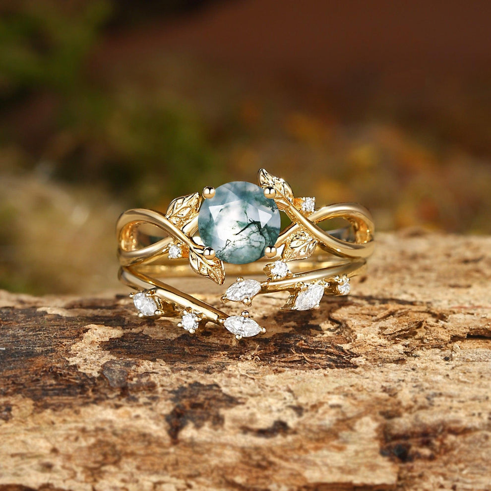 Cordelia Round Cut Moss Agate Leafy Infinity Bridal Set 2pcs.