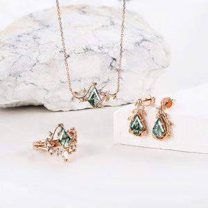 Willow Jewelry Sets Nature Inspired Unique Kite Cut Moss Agate Leafy Ring & Necklace & Earrings Sets 5PCS.