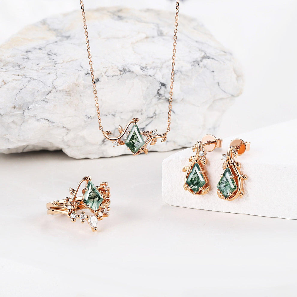 Willow Jewelry Sets Nature Inspired Unique Kite Cut Moss Agate Leafy Ring & Necklace & Earrings Sets 5PCS.