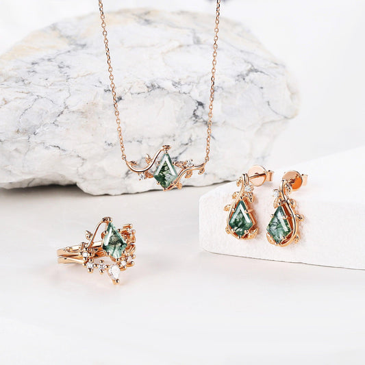 Willow Jewelry Sets Nature Inspired Unique Kite Cut Moss Agate Leafy Ring & Necklace & Earrings Sets 5PCS.