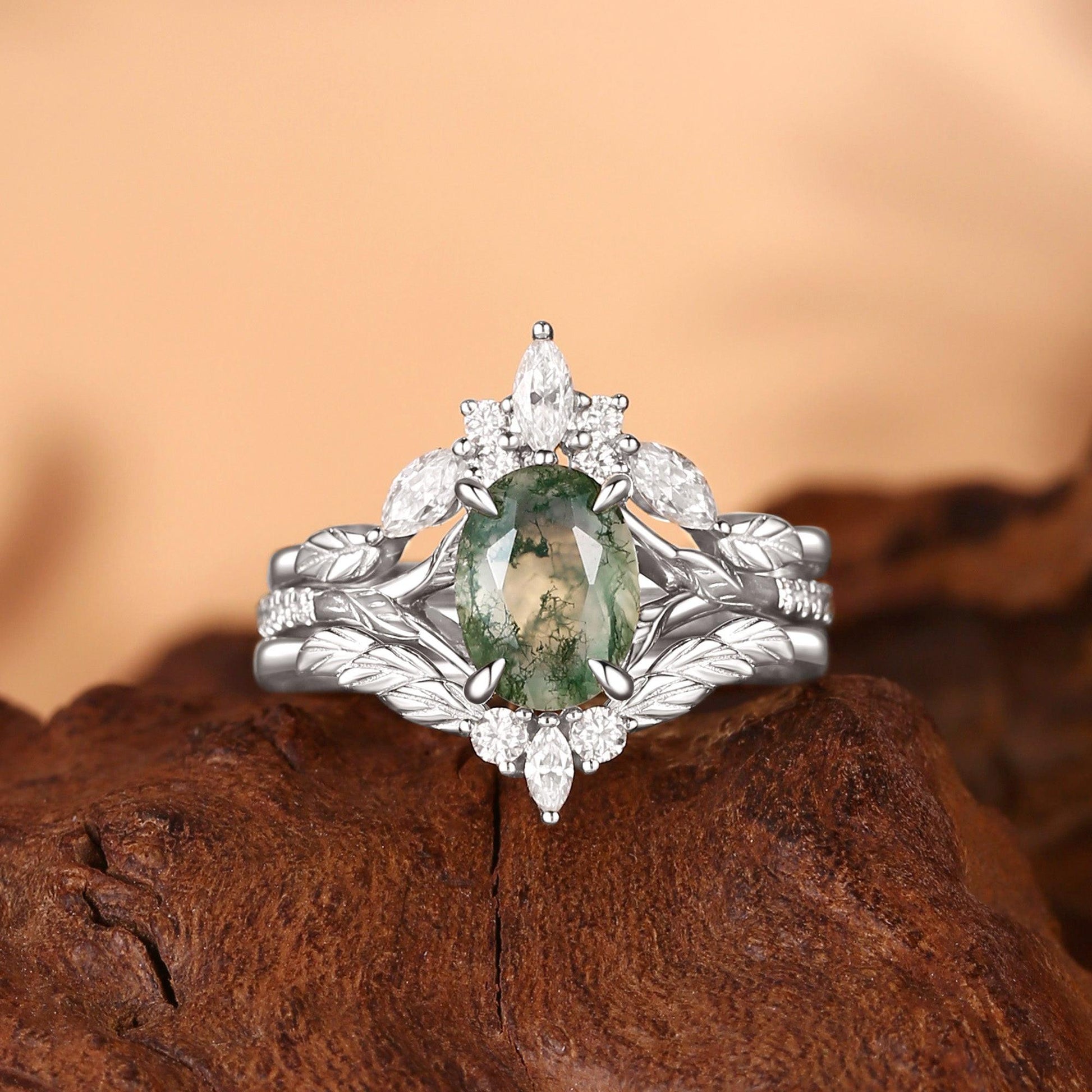 Unique Oval Cut Moss Agate Leafy Cluster Bridal Set.