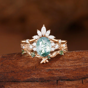 Nature Inspired Oval Cut Moss Agate Cluster Leafy Bridal Set.