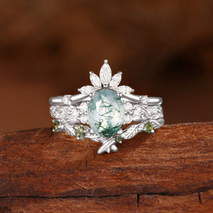 Nature Inspired Oval Cut Moss Agate Cluster Leafy Bridal Set.