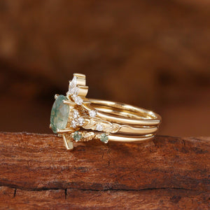Nature Inspired Oval Cut Moss Agate Cluster Leafy Bridal Set.