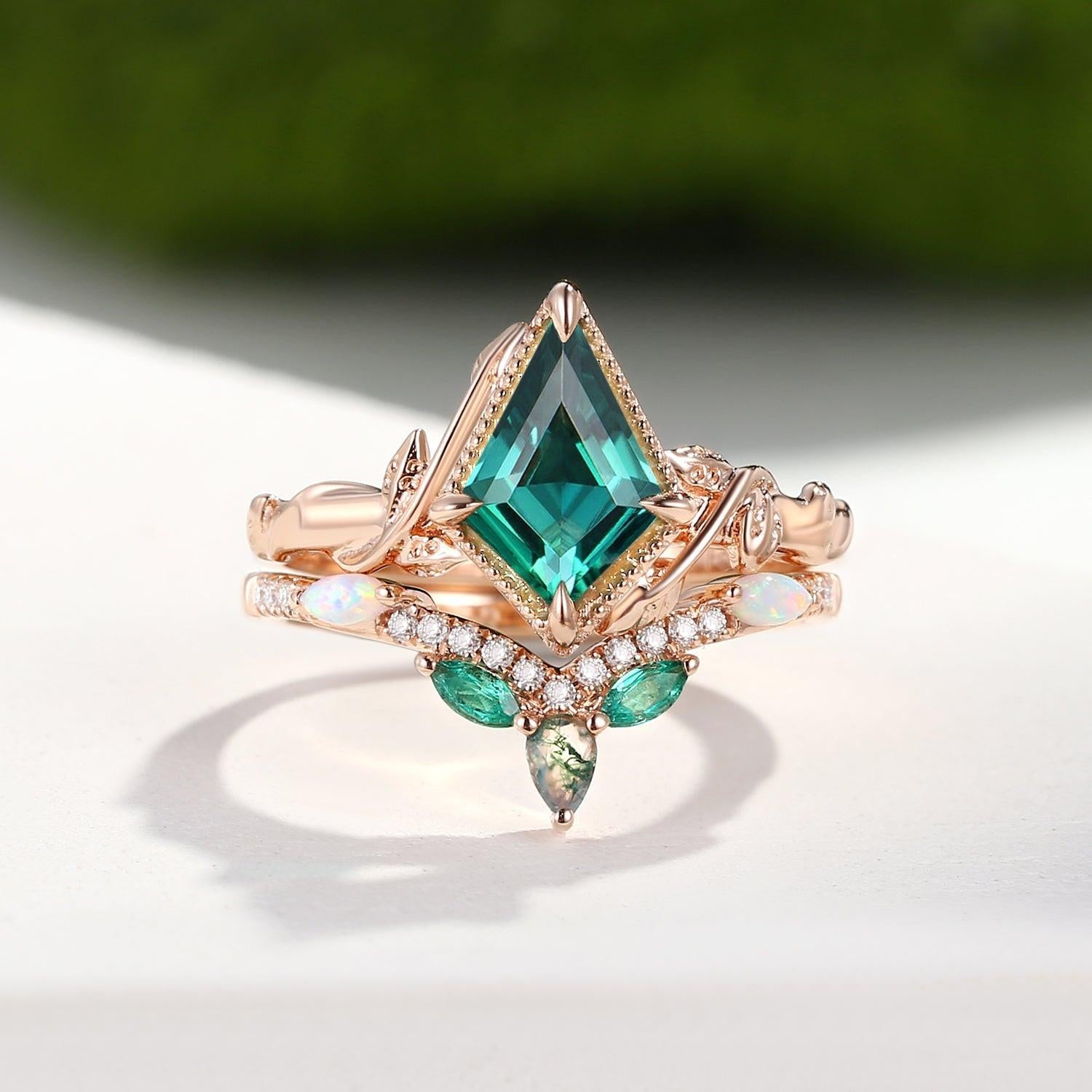 Sylvie’s Lark | Kite Cut Moss Agate, Opal & Emerald Leafy Bridal Set 2 pcs.