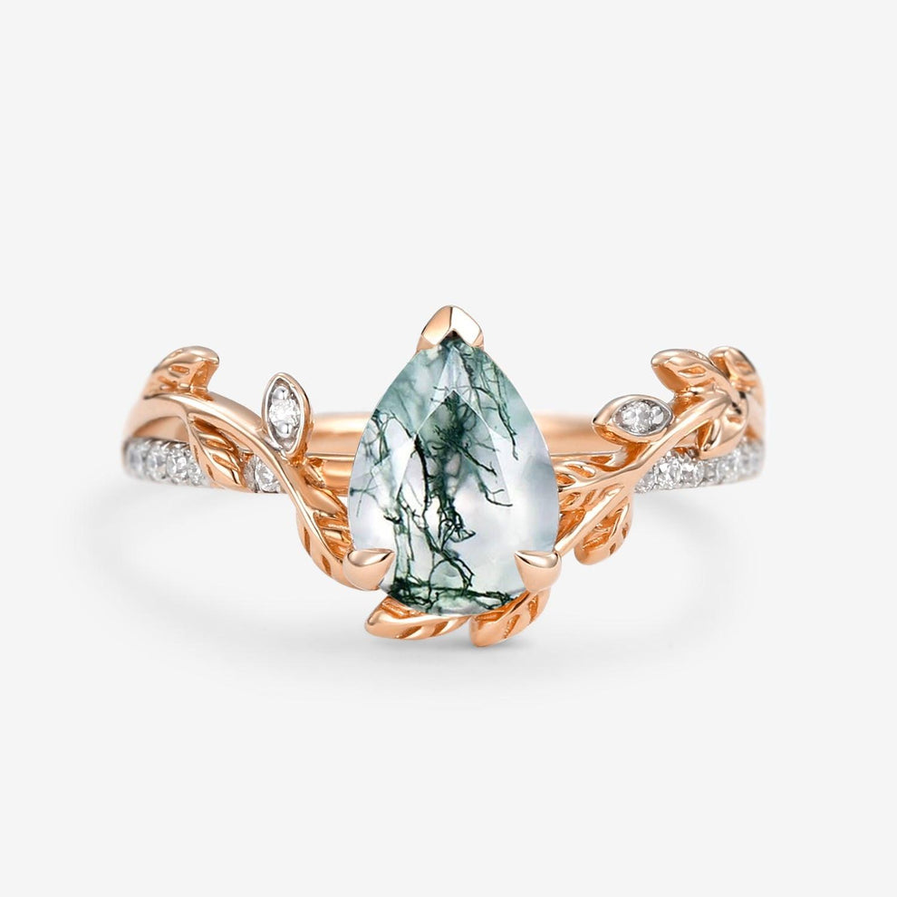 Eleanor’s Vine | Vintage Pear Moss Agate Leafy Engagement Ring.