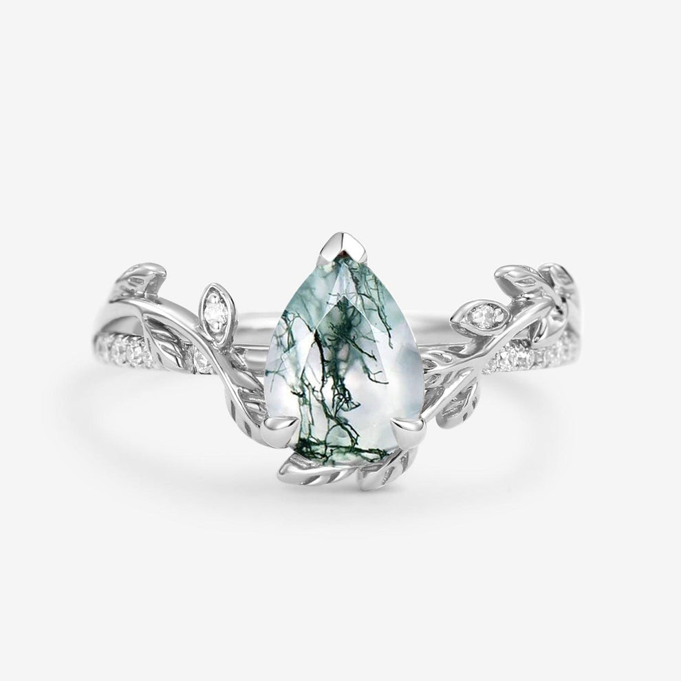 Eleanor’s Vine | Vintage Pear Moss Agate Leafy Engagement Ring.