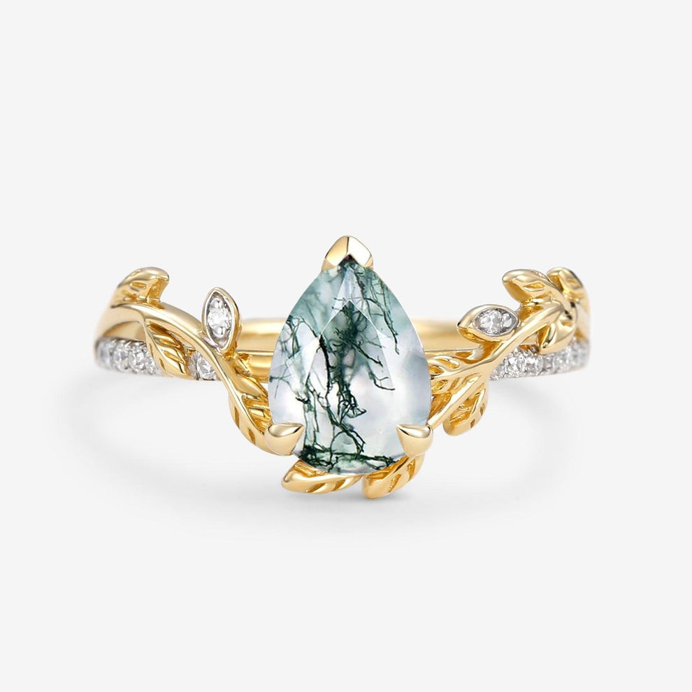 Eleanor’s Vine | Vintage Pear Moss Agate Leafy Engagement Ring.