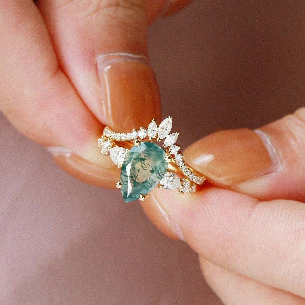 Scottie 1.5ct Signature Pear Moss Agate Staccato Ring Set 2pcs.