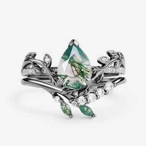 Leafy Pear Shaped Moss Agate Bridal Ring Set 2pcs.