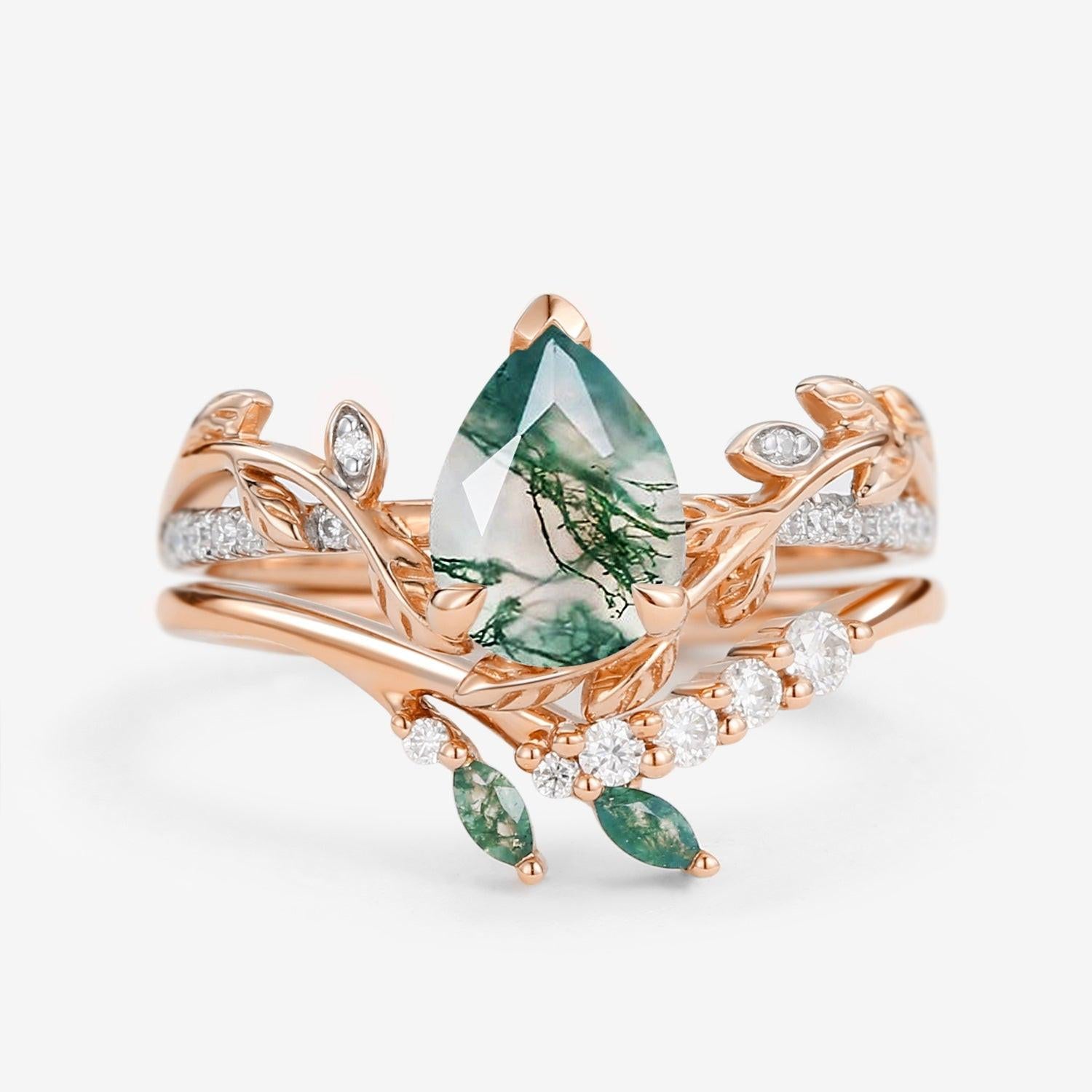 Leafy Pear Shaped Moss Agate Bridal Ring Set 2pcs.