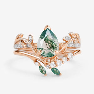 Leafy Pear Shaped Moss Agate Bridal Ring Set 2pcs.