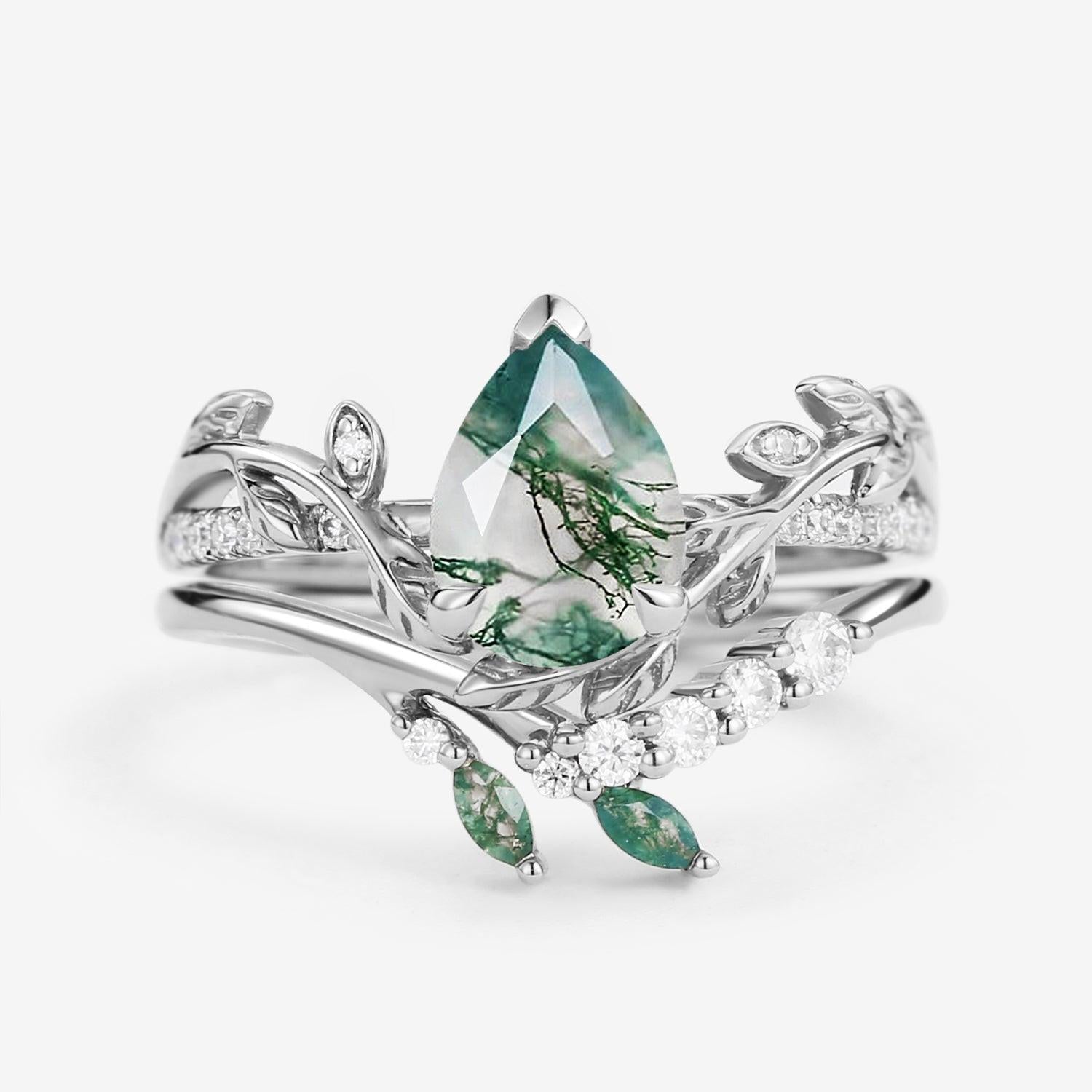 Leafy Pear Shaped Moss Agate Bridal Ring Set 2pcs.