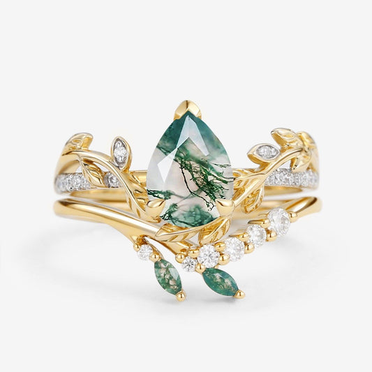 Leafy Pear Shaped Moss Agate Bridal Ring Set 2pcs.