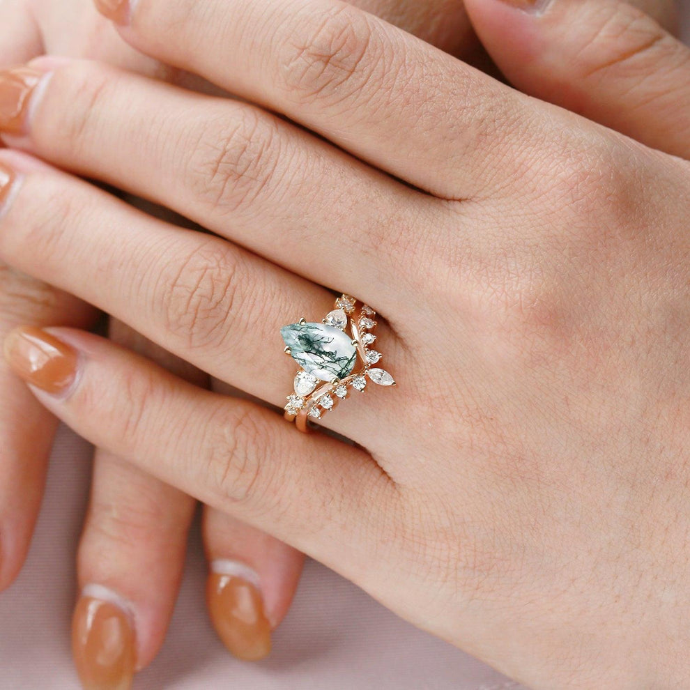 Pear Shaped Moss Agate & Pearl Chevron Bridal Ring Set 2pcs.