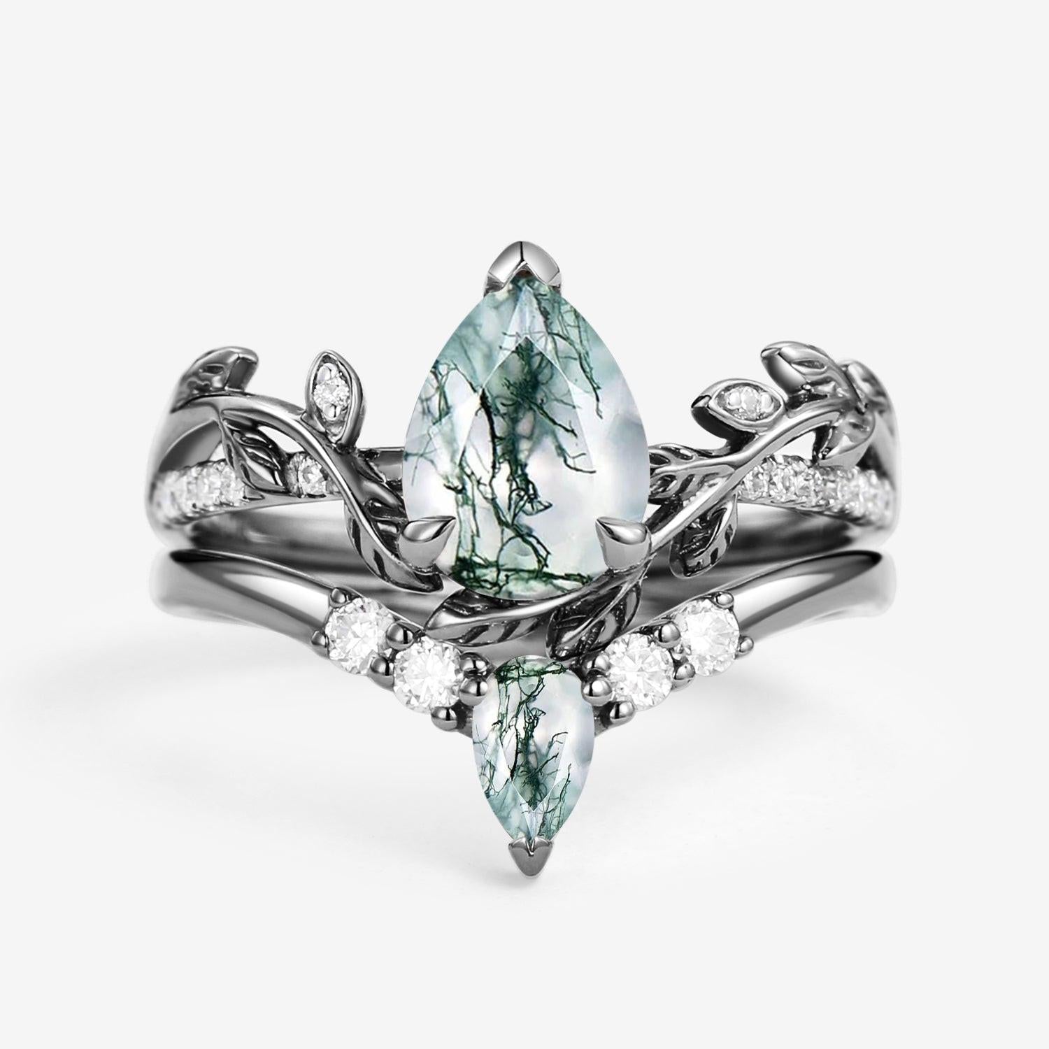 Pear Shaped Moss Agate & Moissanite Leafy Bridal Ring Set 2pcs.