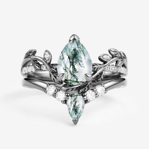 Pear Shaped Moss Agate & Moissanite Leafy Bridal Ring Set 2pcs.