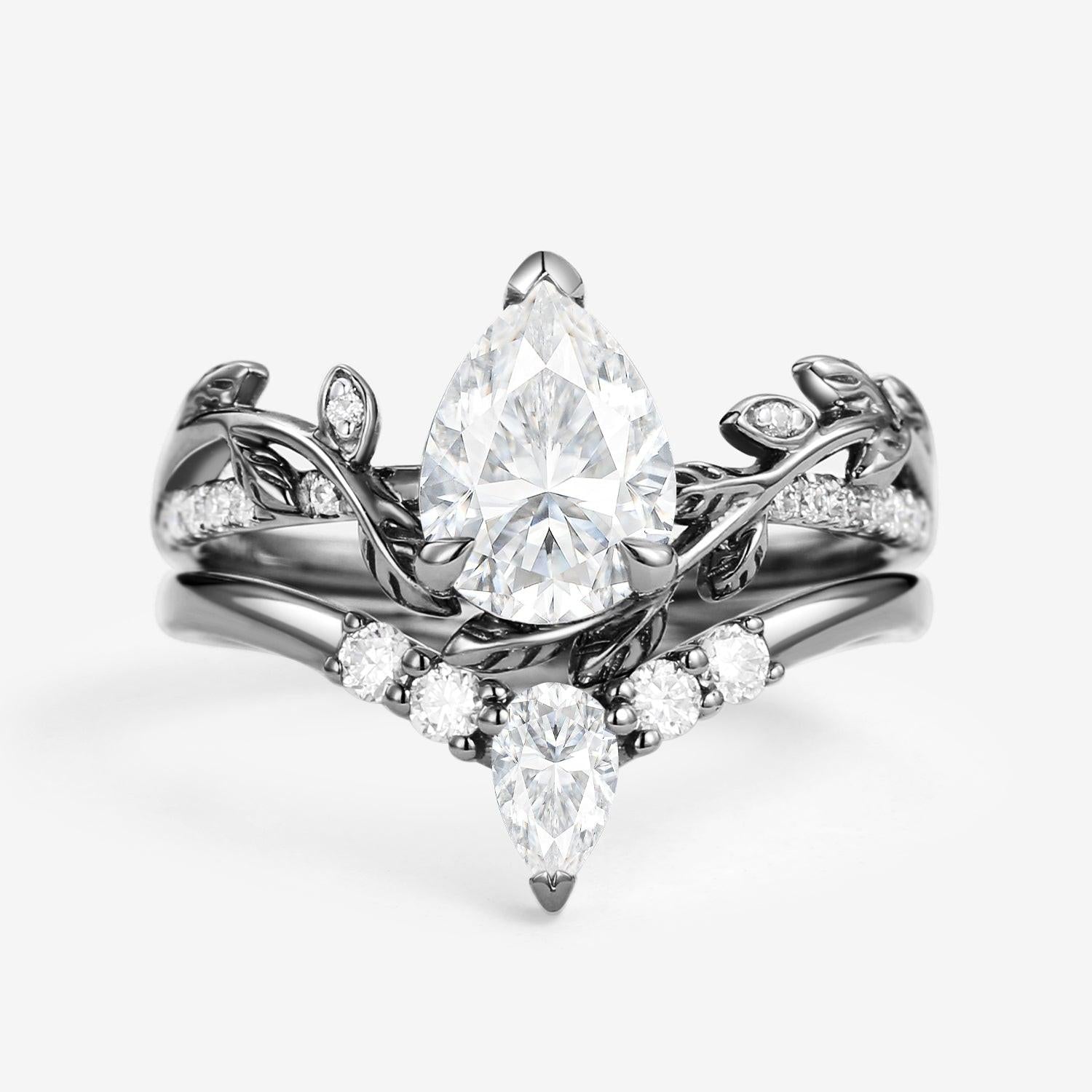 Pear Shaped Moss Agate & Moissanite Leafy Bridal Ring Set 2pcs.
