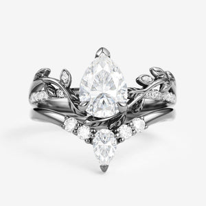 Pear Shaped Moss Agate & Moissanite Leafy Bridal Ring Set 2pcs.