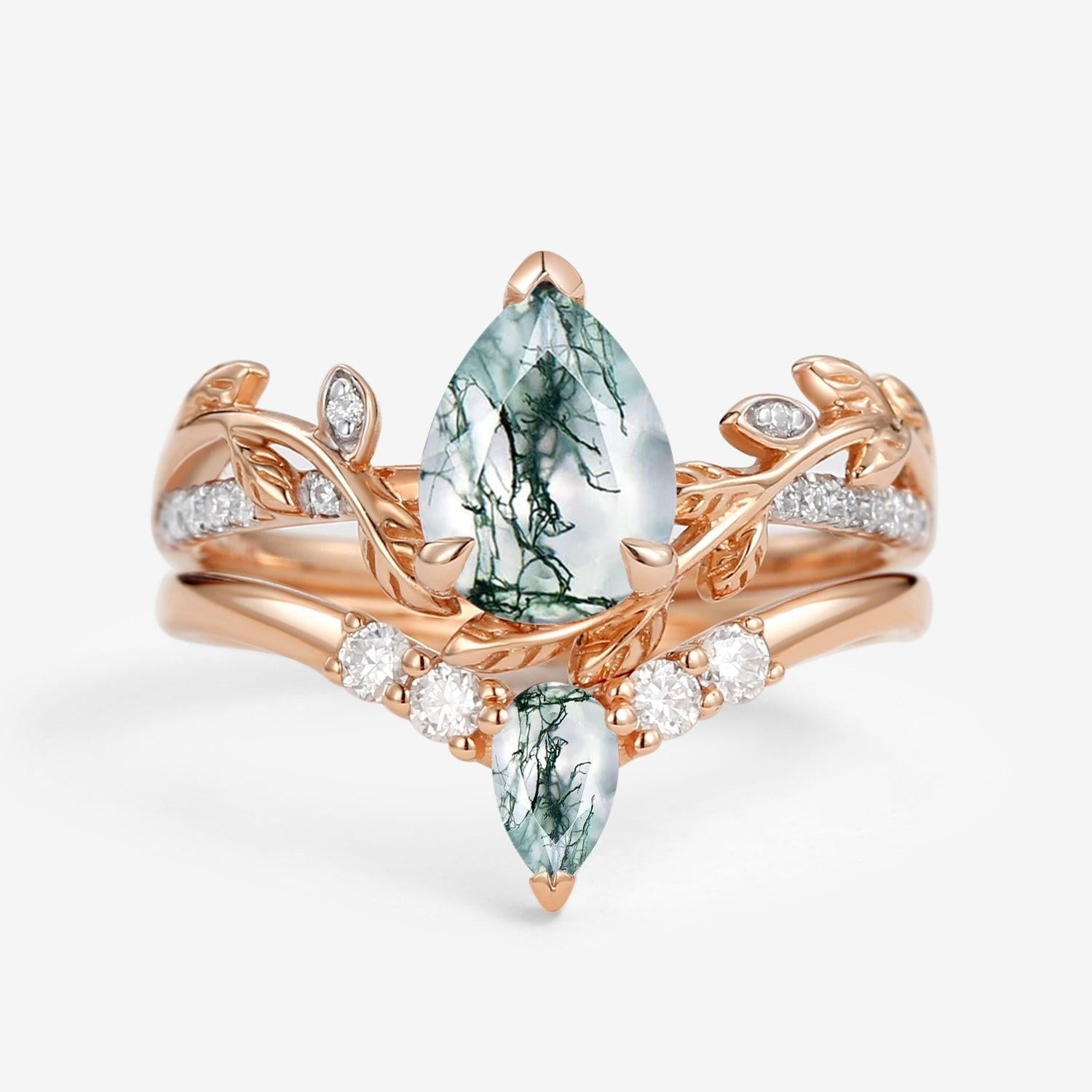 Pear Shaped Moss Agate & Moissanite Leafy Bridal Ring Set 2pcs.
